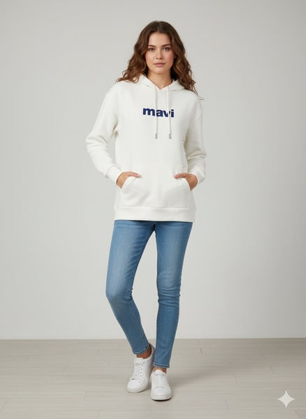 Beyaz Baskılı Kapüşonlu Sweatshirt - Thumbnail