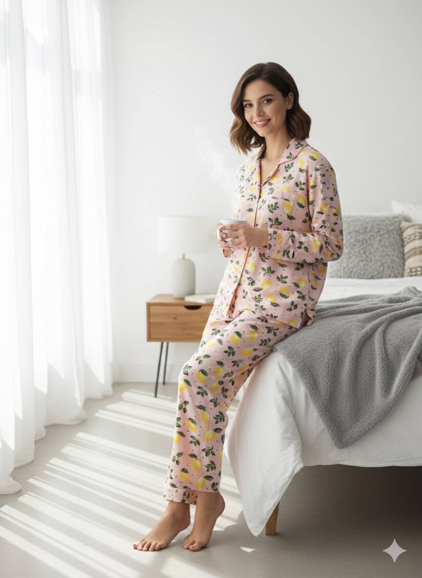 Limon Desenli Gömlek Yaka Kadın Pijama Takım