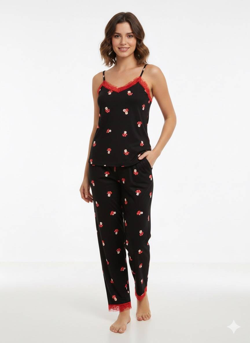 Siyah Desenli İp Askılı Kadın Pijama Takım